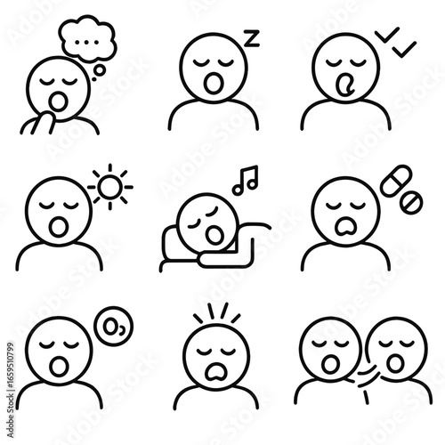Yawning Causes Icons. Outline icon set of causes of yawning: boredom, tiredness, sleep deprivation, heat, relaxation, medication,