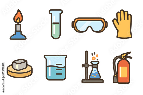 Alkali Metals Lab Icons. Flat vector mini-illustrations alkali metals in lab in colors children's illustrations: Bunsen burner,