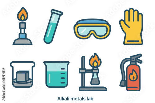 Alkali Metals Lab Icons. Flat vector mini-illustrations alkali metals in lab in colors children's illustrations: Bunsen burner,