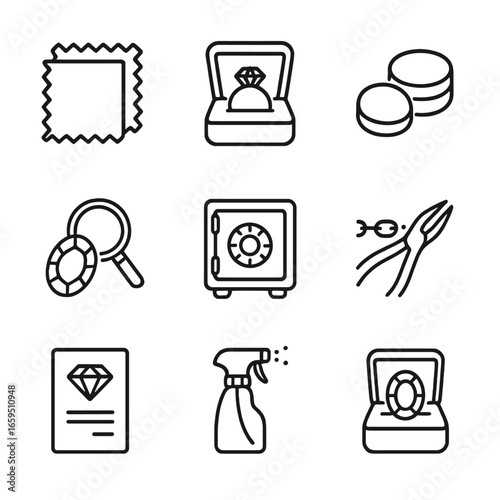Amber Care Icons. Outline icon set of amber care and maintenance: cleaning cloth, jewelry box, polishing kit, gemstone inspection,