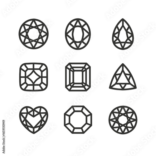 Amethyst Cut Icon Set. Outline icon set of amethyst cuts: round cut, oval cut, pear cut, cushion cut, emerald cut, trillion cut,