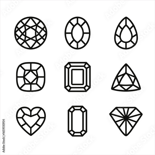 Amethyst Cut Icon Set. Outline icon set of amethyst cuts: round cut, oval cut, pear cut, cushion cut, emerald cut, trillion cut,