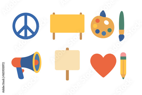Colorful Justice Icons. Flat vector mini-illustrations art and social justice in colors children's