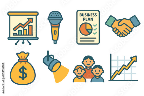 Colorful Investor Pitch Icons. Flat vector mini-illustrations pitching to investors in colors children's