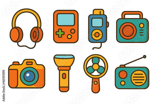 Colorful Kids' Gadgets. Flat vector mini-illustrations portable electronics power in colors children's