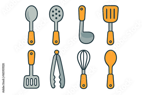 Colorful Kitchen Utensils. Flat vector mini-illustrations stainless steel utensils in colors children's