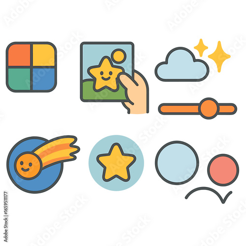 Colorful Kids' Icon Grid. Flat vector mini-illustrations customizing virtual objects in colors children's