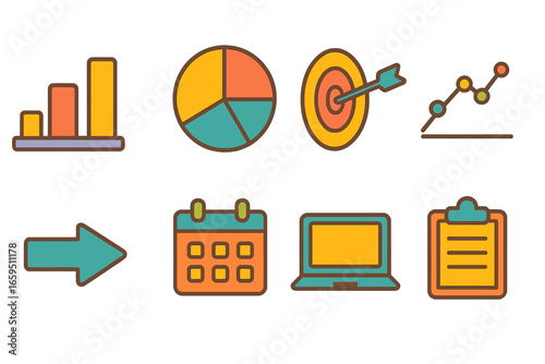 Colorful KPI Icons. Flat vector mini-illustrations KPI tracking in colors children's illustrations: bar chart,