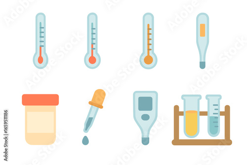 Colorful Lab Tools. Flat vector mini-illustrations laboratory thermometers in colors children's illustrations: