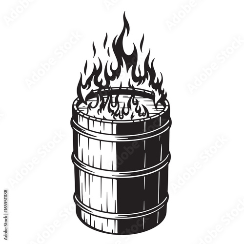 Illustration of a burning barrel with flames rising upwards against a white background