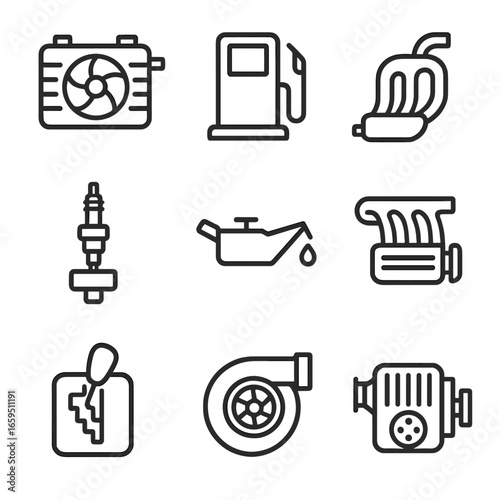 Automotive Engine Icon Set. Outline icon set of automotive engine systems: cooling system, fuel system, exhaust system, ignition