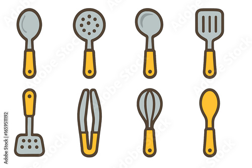 Colorful Kitchen Utensils. Flat vector mini-illustrations stainless steel utensils in colors children's