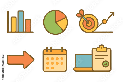 Colorful KPI Icons. Flat vector mini-illustrations KPI tracking in colors children's illustrations: bar chart,