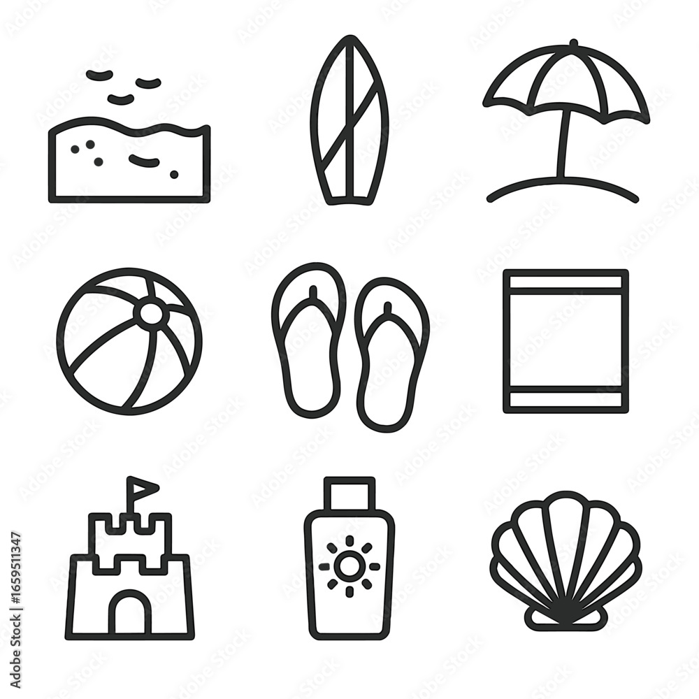 Fototapeta premium Beach Icon Collection. Outline icon set of beaches: sand, surfboard, umbrella, beach ball, flip flops, towel, sandcastle,