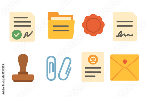 Colorful Legal Icons. Flat vector mini-illustrations Legal documentation in colors children's illustrations: