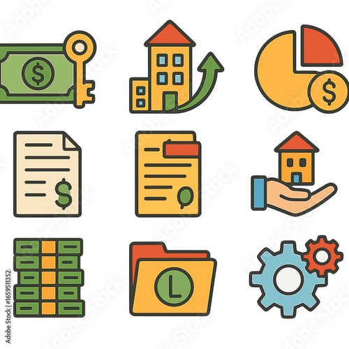 Colorful LBO Icons. Flat vector mini-illustrations leveraged buyout in colors children's illustrations: cash
