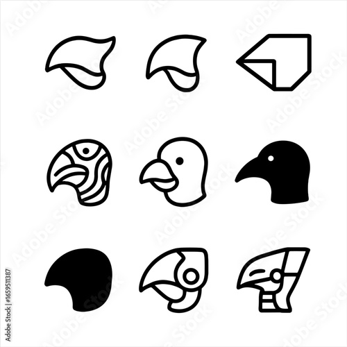 Beak Icon Set. Outline icon set of symbolic beak shapes: stylized beak, abstract beak, geometric beak, tribal beak, cartoon beak,