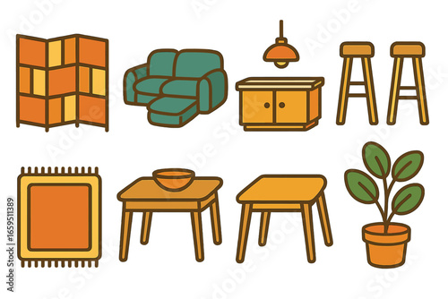 Colorful Living Space Icons. Flat vector mini-illustrations Open-plan living spaces in colors children's