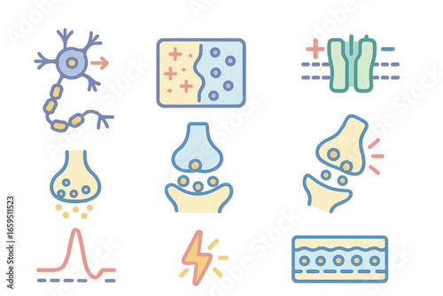 Biology Icon Grid. Flat vector mini-illustrations charge in biology in colors children's illustrations: nerve impulse, membrane