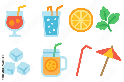Colorful Mocktail Icons. Flat vector mini-illustrations Mocktails and non-alcoholic drinks in colors