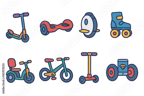 Colorful Mobility Devices. Flat vector mini-illustrations personal mobility devices in colors children's