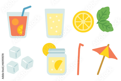 Colorful Mocktail Icons. Flat vector mini-illustrations Mocktails and non-alcoholic drinks in colors