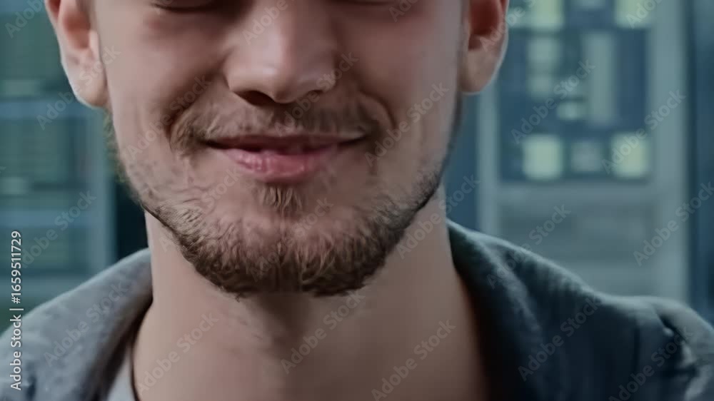 Close-up of a man's smiling face and neck Close-up of a man's smiling face and neck