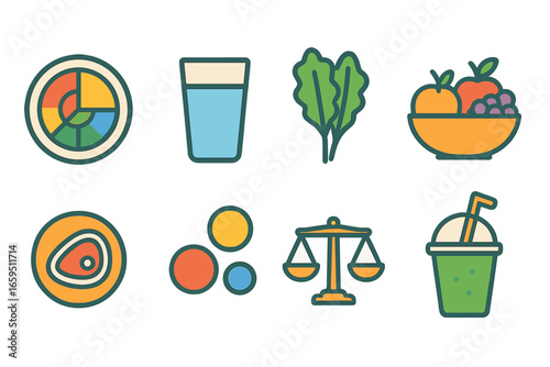 Colorful Nutritional Balance Icons. Flat vector mini-illustrations Nutritional balance in colors children's