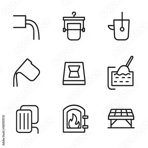 Blast Furnace Icon Set. Outline icon set of blast furnace casting and tapping: tap hole, ladle, crucible, pouring spout, mold,