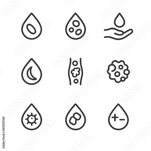 Blood Disease Icons. Outline icon set of blood diseases: anemia, leukemia, hemophilia, thrombosis, sickle cell, blood clot,