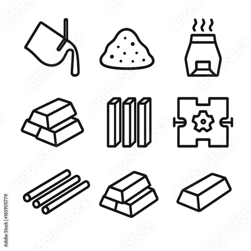 Blast Furnace Products Icons. Outline icon set of blast furnace products: molten iron, slag, pig iron, blast furnace gas, steel