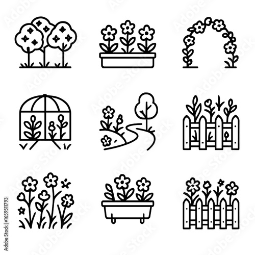 Blossom Garden Icons. Outline icon set of blossom garden scenes: orchard, flowerbed, floral arch, botanical garden, park pathway,