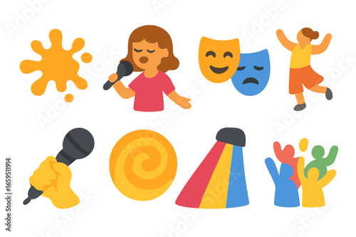 Colorful Performance Icons. Flat vector mini-illustrations Performance art with live singing in colors