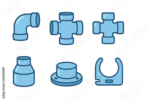 Colorful Pipe Fitting Icons. Flat vector mini-illustrations PVC pipe fittings set in colors children's
