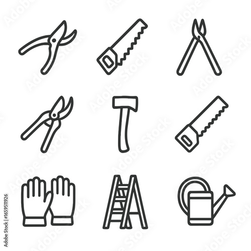 Branch Tool Icons. Outline icon set of branch related tools: pruning shears, saw, loppers, secateurs, axe, handsaw, gardening
