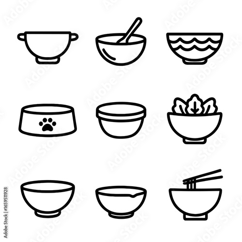 Bowl Icon Set. Outline icon set of bowl uses: serving bowl, mixing bowl, decorative bowl, pet food bowl, storage bowl, salad bowl,