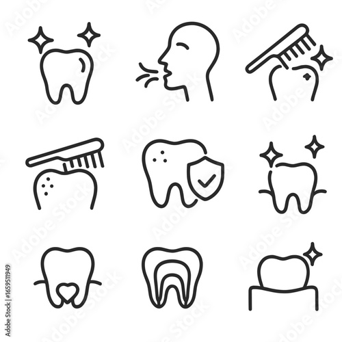 Brushing Teeth Icon Set. Outline icon set of brushing teeth hygiene signs: sparkling teeth, fresh breath, clean smile, plaque