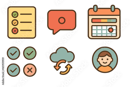 Colorful Planner Icons. Flat vector mini-illustrations Digital planner features in colors children's