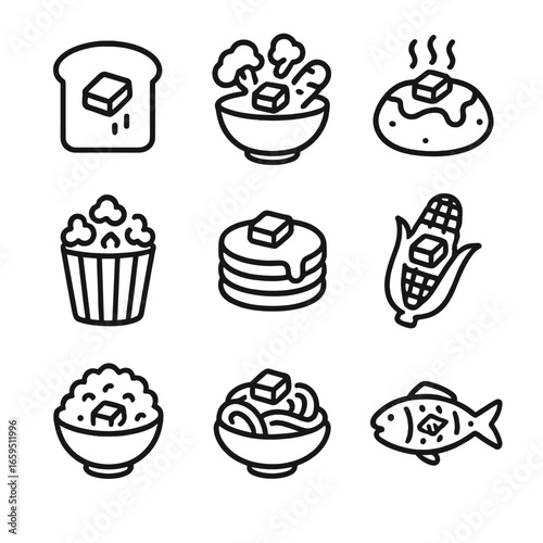 Buttery Food Icons. Outline icon set of buttery food pairings: buttered bread, steamed vegetables with butter, baked potatoes with