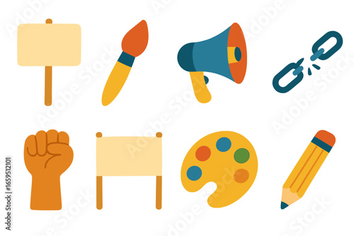 Colorful Protest Icons. Flat vector mini-illustrations art as a political statement in colors children's