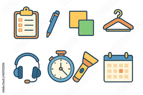 Colorful Prop Icons. Flat vector mini-illustrations costume and prop tracking in colors children's
