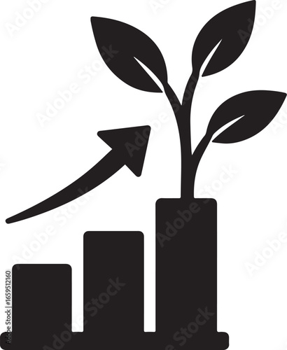 Growing business graph with upward arrow and plant symbolizing financial growth and success