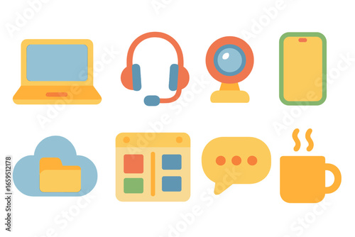Colorful Remote Tools. Flat vector mini-illustrations Remote work tools in colors children's illustrations: