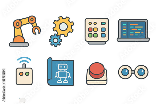 Colorful Robotics Icons. Flat vector mini-illustrations Robotics design and programming in colors children's