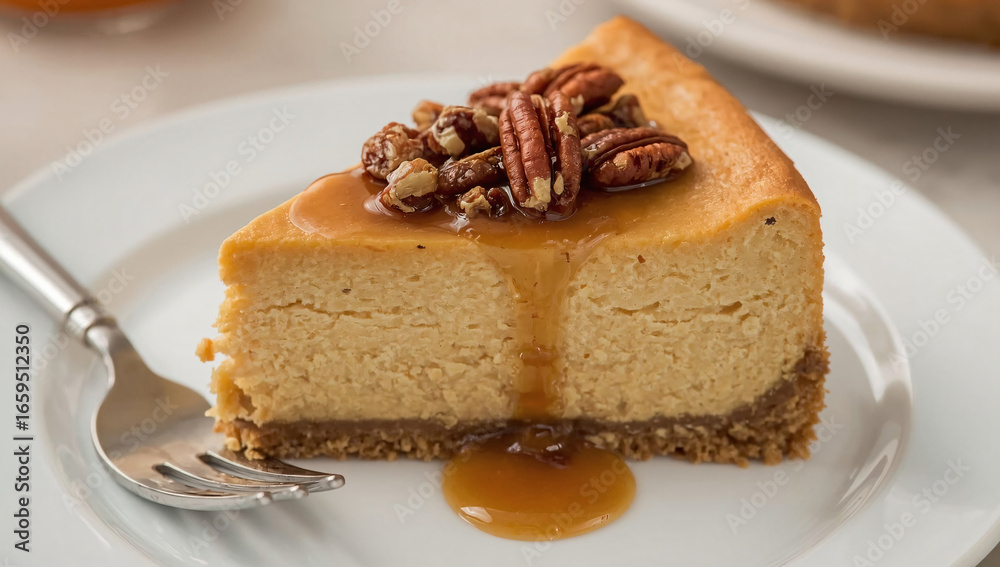 Creamy Pumpkin Cheesecake with Candied Pecans and Caramel Drizzle – Indulgent Dessert Close-Up Creamy Pumpkin Cheesecake with Candied Pecans and Caramel Drizzle – Indulgent Dessert Close-Up