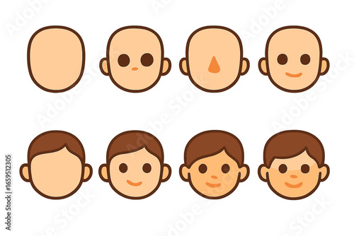 Children's Face Sketch Steps. Flat vector mini-illustrations face sketch steps in colors children's illustrations: head shape,