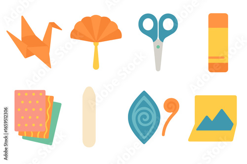 Children's Craft Icons. Flat vector mini-illustrations paper craftsmanship in colors children's illustrations: origami crane,