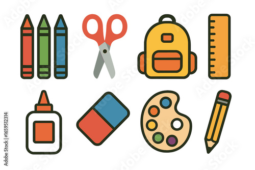 Colorful School Supplies. Flat vector mini-illustrations school supplies in colors children's illustrations:
