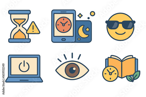 Colorful Screen Time Icons. Flat vector mini-illustrations of screen time reminders in colors children's
