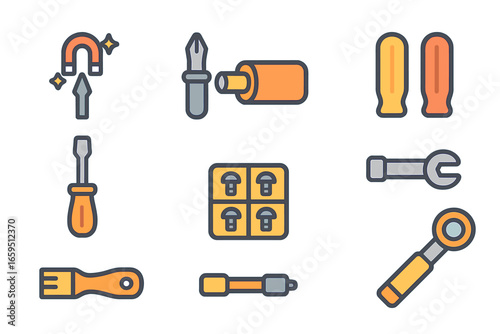Colorful Screwdriver Icons. Flat vector mini-illustrations common screwdriver accessories in colors children's
